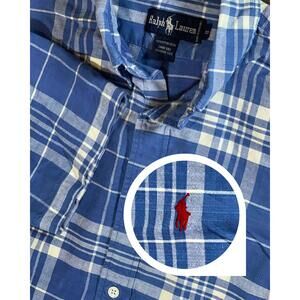Ralph Lauren Blue Plaid Short Sleeve Button-Up Shirt - Boys Size 8 - Pony Logo